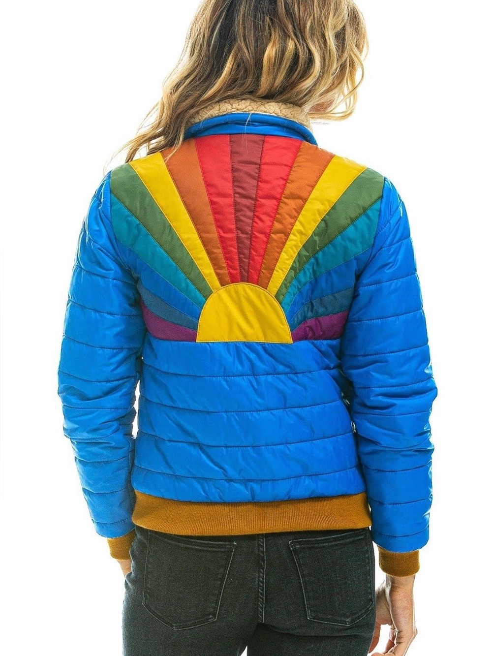 Aviator Nation Sunburst Quilted Puffer Jacket Dresden Blue Rainbow Sherpa